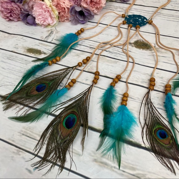 Boho Peacock & Blue Feather Dreamcatcher Headdress - Picture 8 of 11